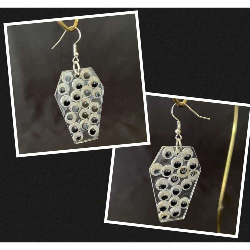 Clear Resin Halloweens Coffin Earrings with Googly Eyes Hand Crafted